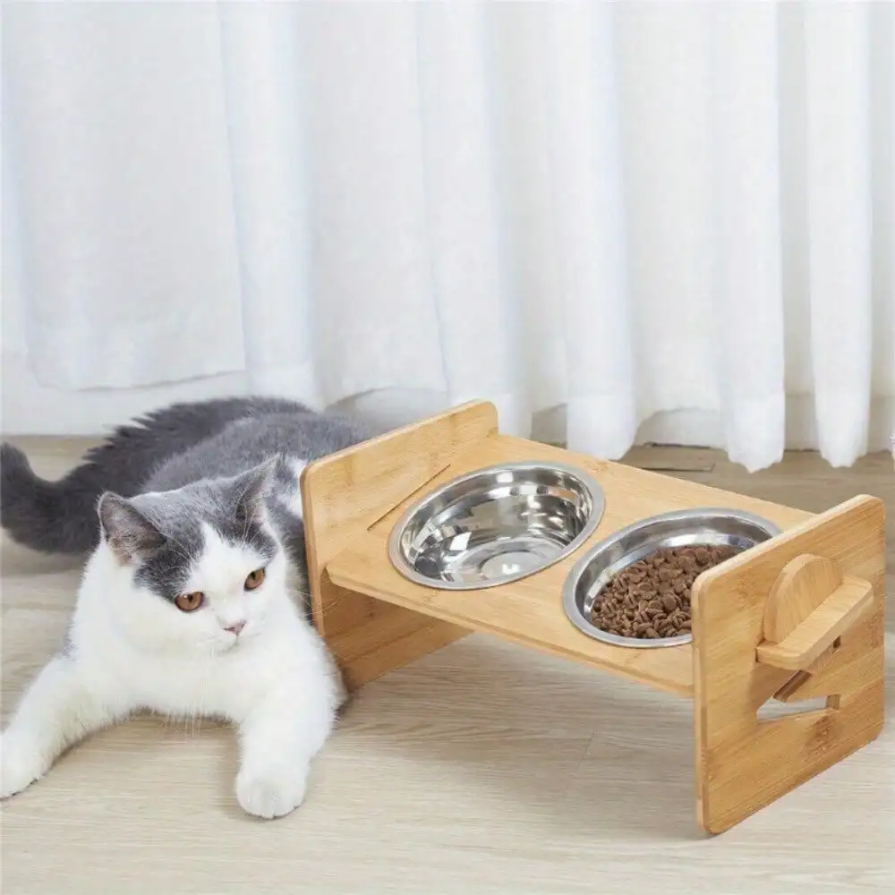 Double Bowl Dog & Cat Feeder Elevated Vertical Cutlery Rack for feeding food and water for small dogs, puppies, cats