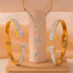 Inlaid Zircon Pendant Necklace Bangles For Women Stainless Steel 18K Gold Plated Waterproof Women's Necklaces Bangle Jewelry Set