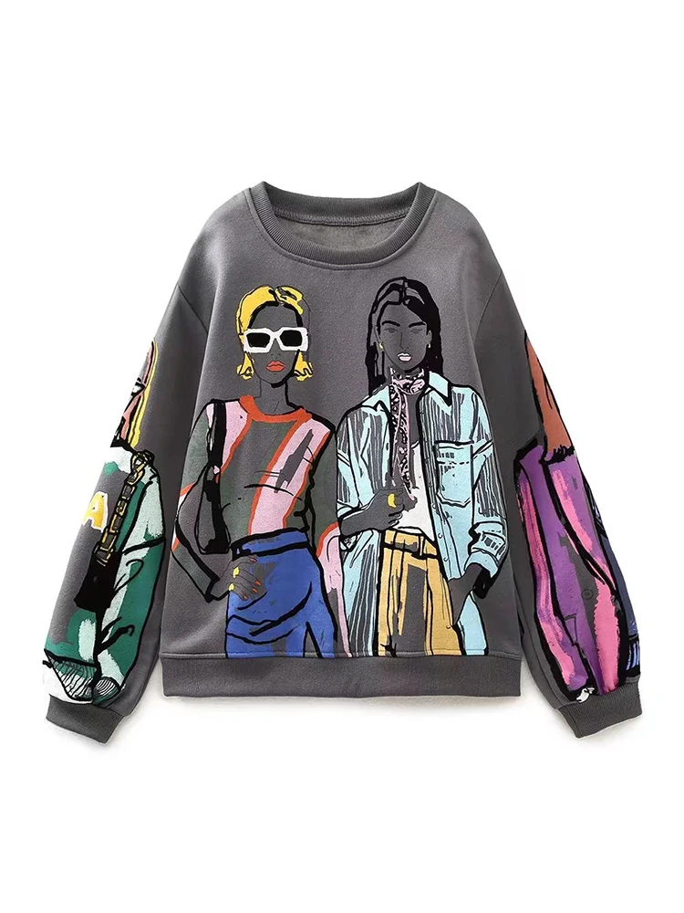 Autumn Winter Women Coal Gray O Neck Printed Sweatshirts Long Sleeve Loose Casual Pullovers Female Sudaderas