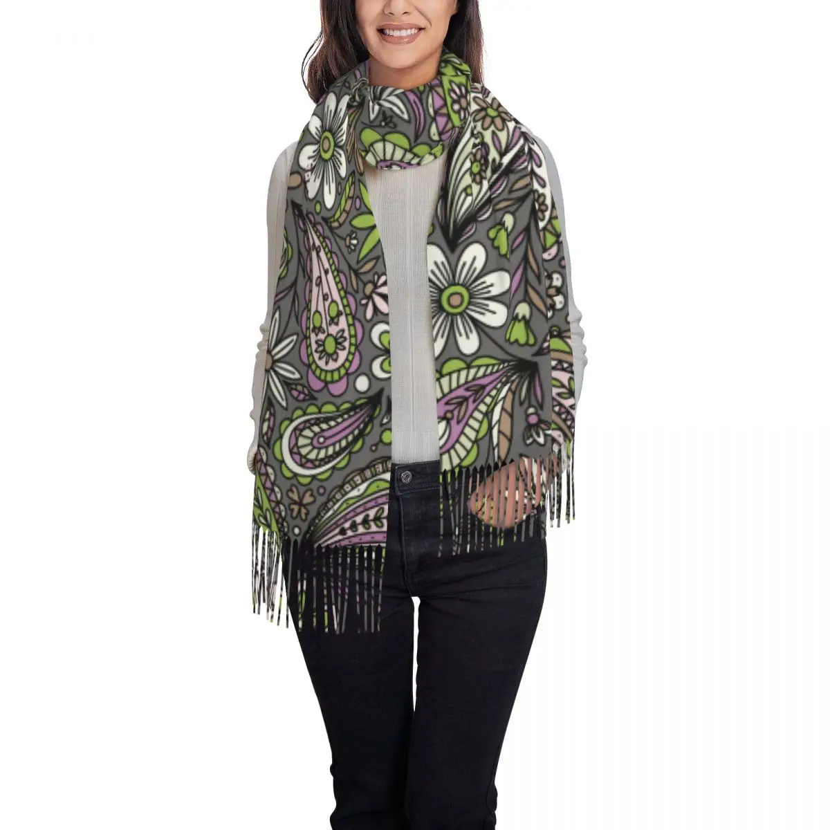 Paisley Flower Scarf with Tassel Mandala Boho Outdoor Shawl Wraps Ladies Designer Scarves Wraps Winter Fashion Bandana