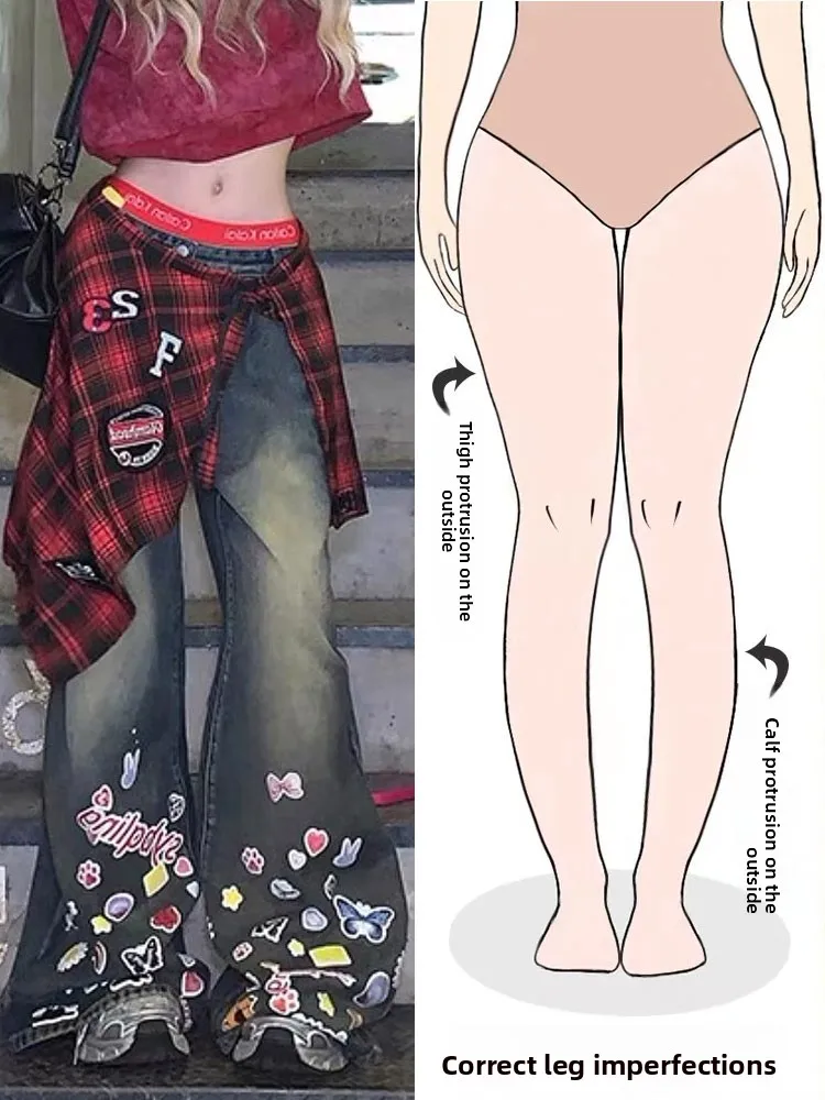 

Джинсы с высокой талией, широкими штанинами и принтом граффити, удлиненные, для женщин с фигурой типа «груша», в американском ретро-стиле, осень 2024