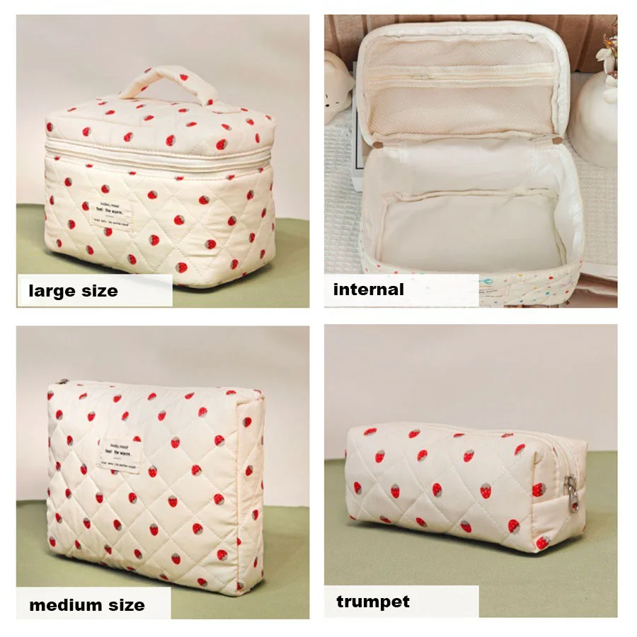 Borsa per il trucco alla fragola Borse per cosmetici da donna Moda portatile carina custodia da viaggio per cosmetici Borsa in cotone trapuntato con cerniera Pu