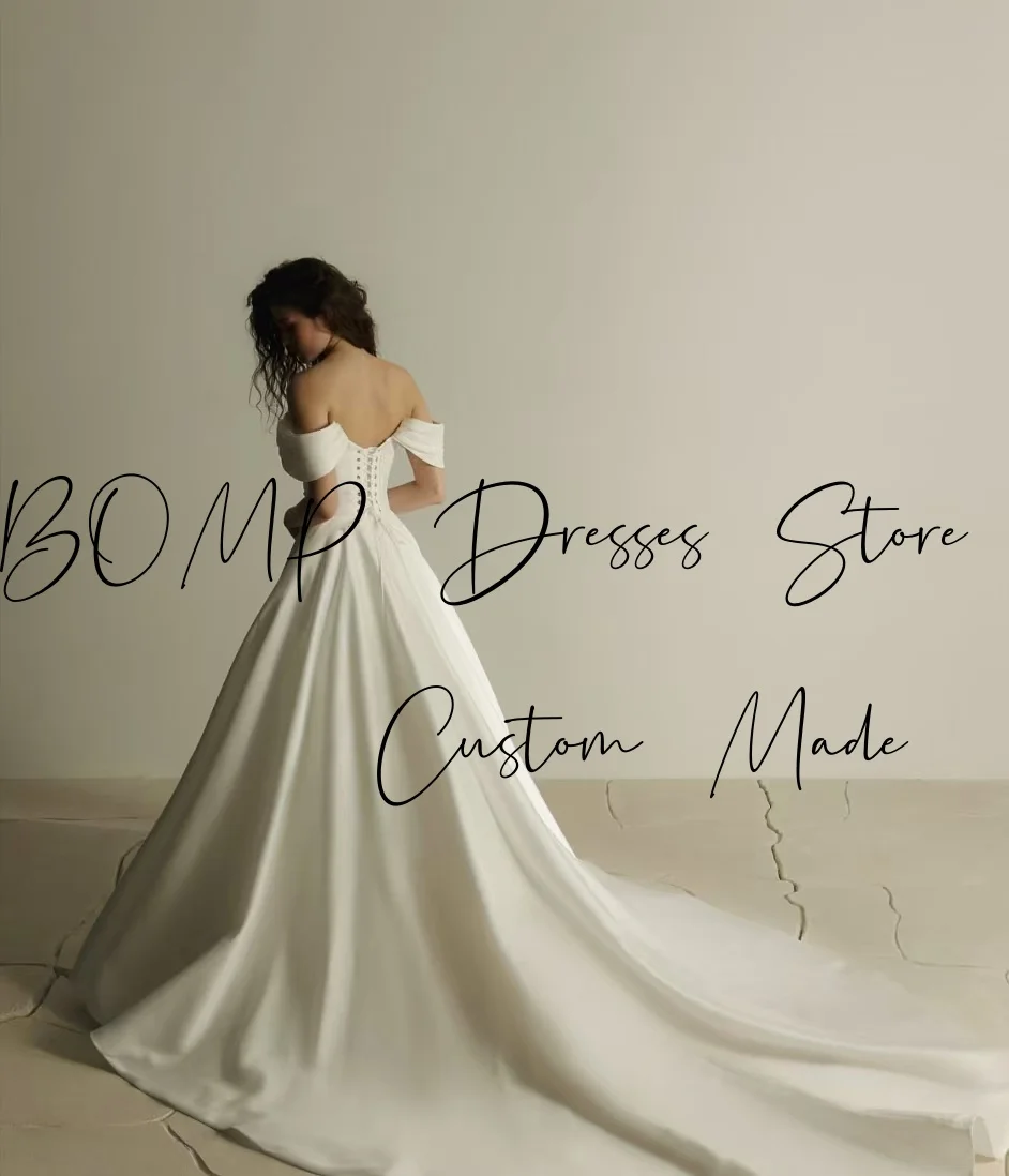 BOMP ชุดเจ้าหญิงงานแต่งงานปิดไหล่จีบ A-Line Royal Train Ivory Taffeta ชุดเจ้าสาวที่กําหนดเองคลาสสิก Robe De Mariée