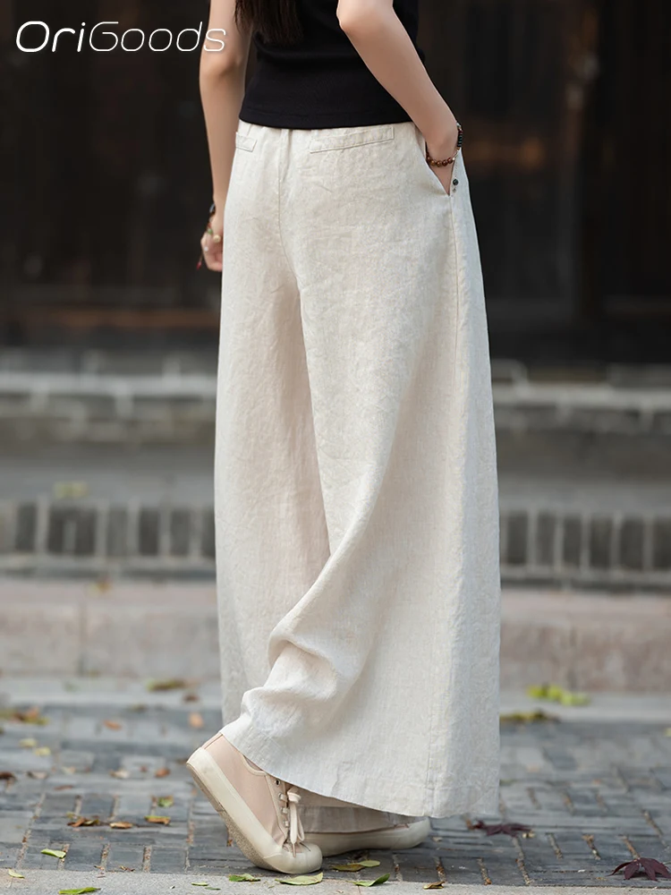 OriGoods Linen Wide-leg Pants Woman 2025 New Summer Wide leg Pants 100% Linen Loose Fit Elastic Waist Pants Skirt Woman C119