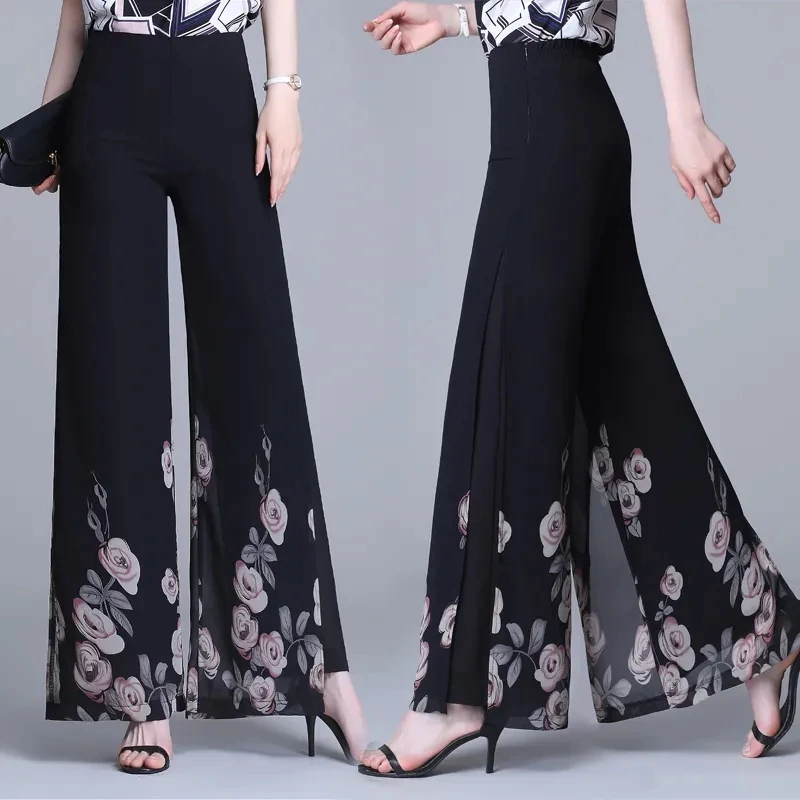 

Double Layer Printed Chiffon Wide Leg Pants For Women's Summer New High Waisted Loose Dance Swing Pants Drooping Skirt Pants