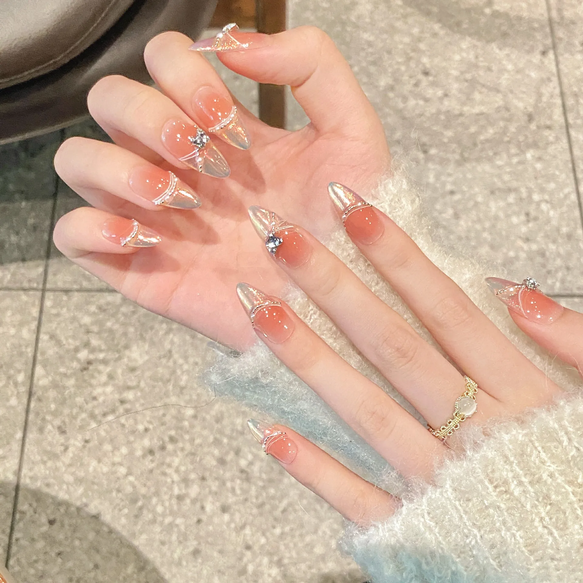Handmade Press on Nails Aurora Blue French Pearl Crystal Fake Nails Wearable Full Cover Almond Sweet Pink Blush False Nails