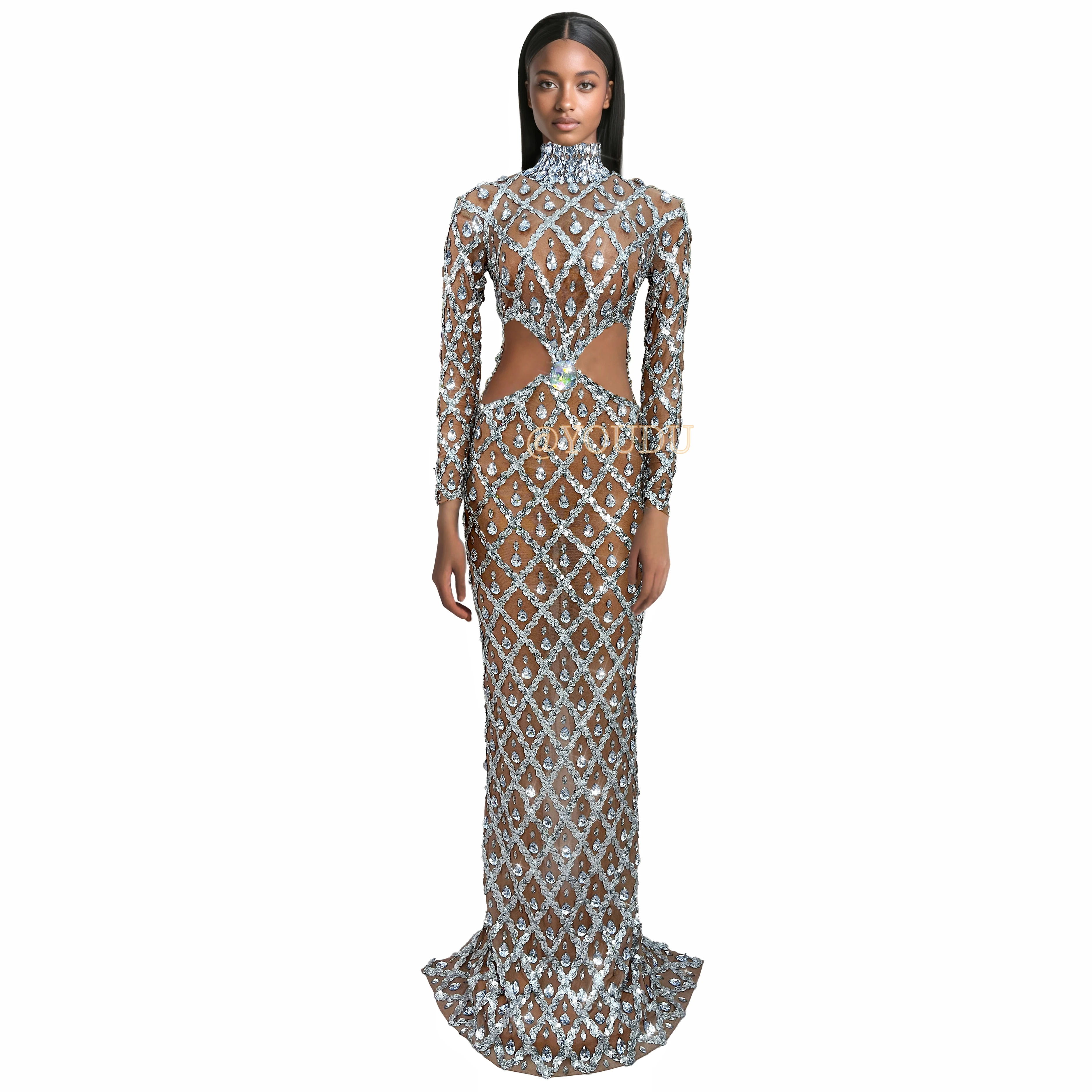 Sexy Hohltaille Transparent Mesh Sparkly Silber Strass Kleid Party Abend Feiern Outfit Modenschau Kleid Shaokaojia