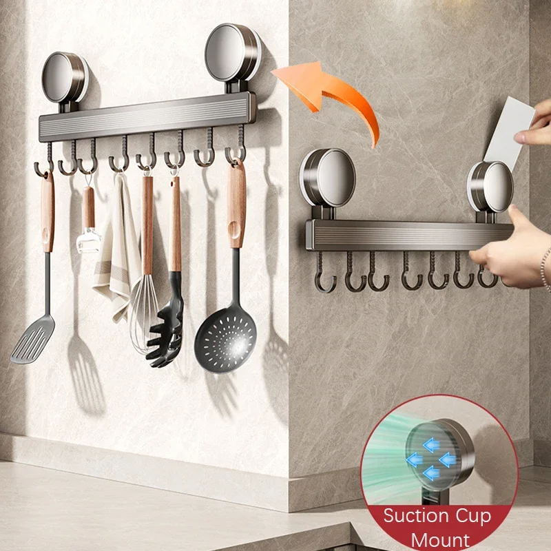 

Wall Mounted Hooks Rack,Punch-free Suction Cup Kitchen Storage Shelf for Spatula Spoon,Multi-functional Door Hook for Bathroom