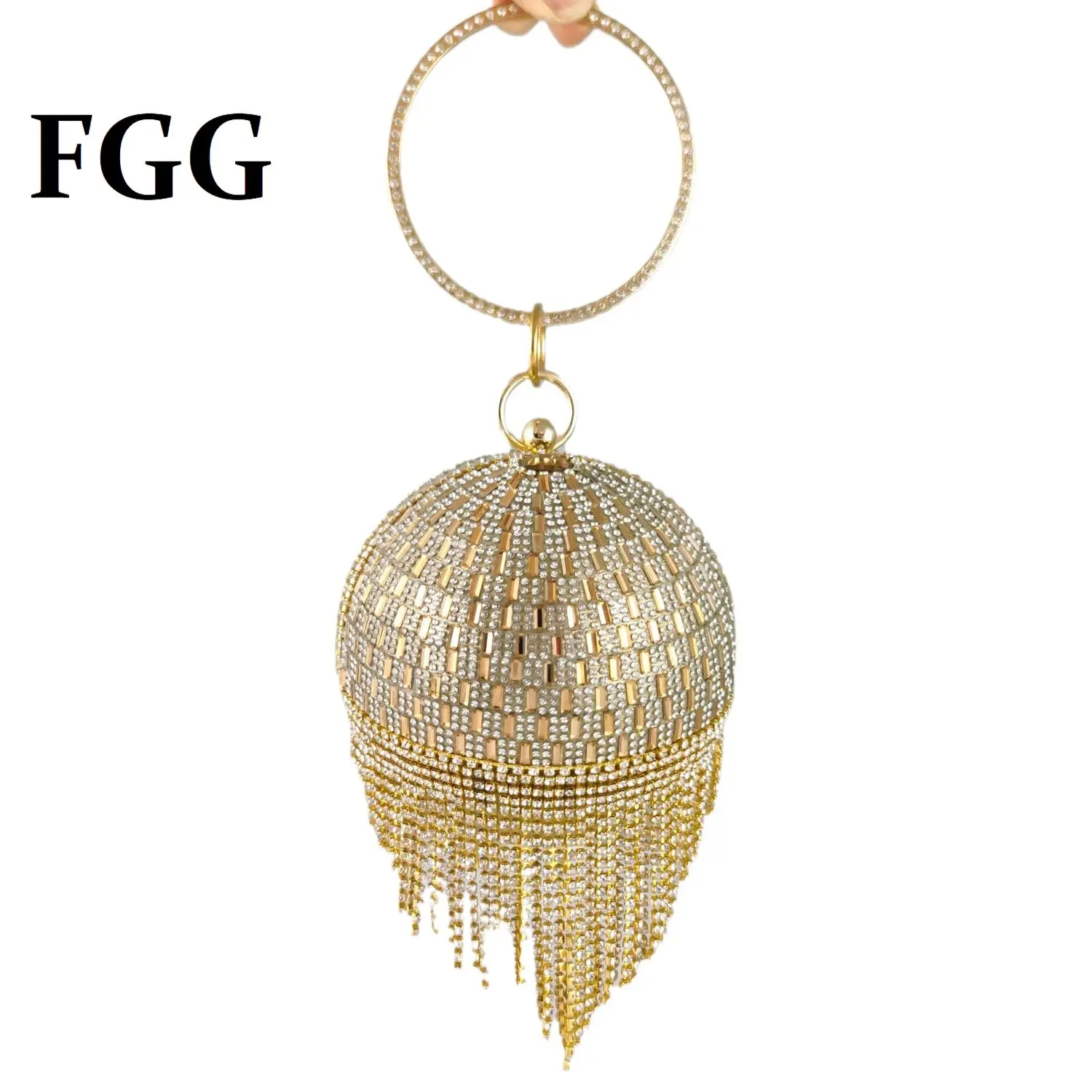 Boutique De FGG okrągła kula frędzle damskie złote kryształowe kopertówki wieczorowe ślubne wesele torebki i torebki z kryształkami