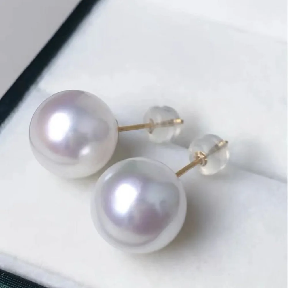 Gorgeous AAAA+++ Japan Akoya Round 10-11mm 11-12mm White Pearl Earrings14kp yellowgold gift box