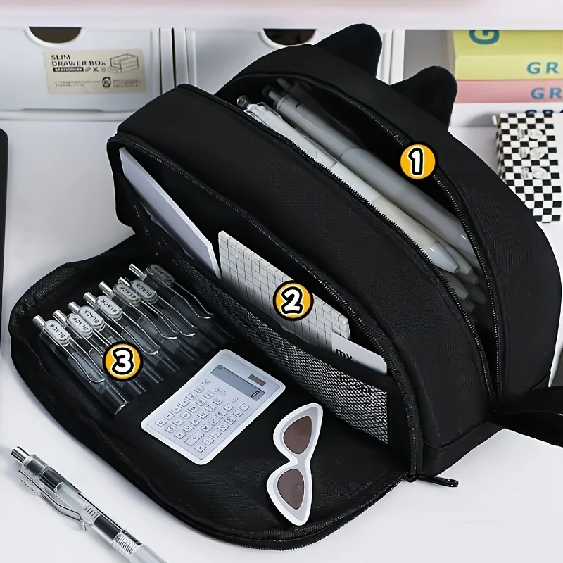 Cute 3D Black Cat Pencil Case, Large Capacity