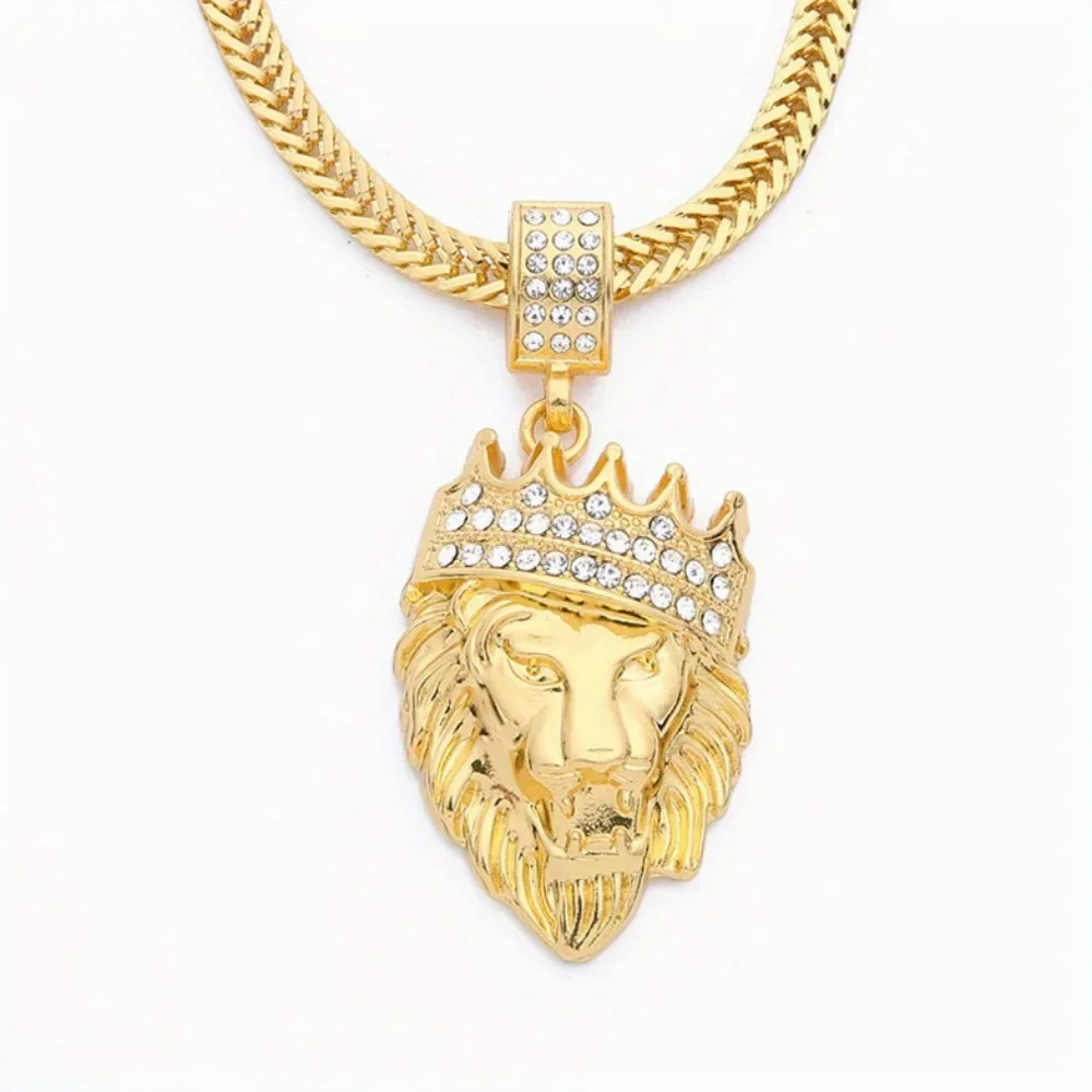 European and American Trendy Men's New Lion Head Party and Banquet Fashionable Pendant Crown Valentine's Day Lion Head Necklace view 3