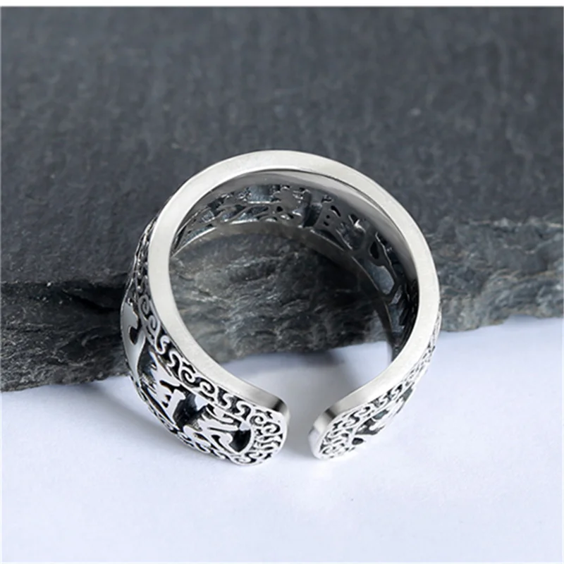 Vintage Buddhist Pray Blessings Ring For Men 925 Silver Jewelry Ethnic Hollow Words Sutra Ring Male Finger Accessories Gift