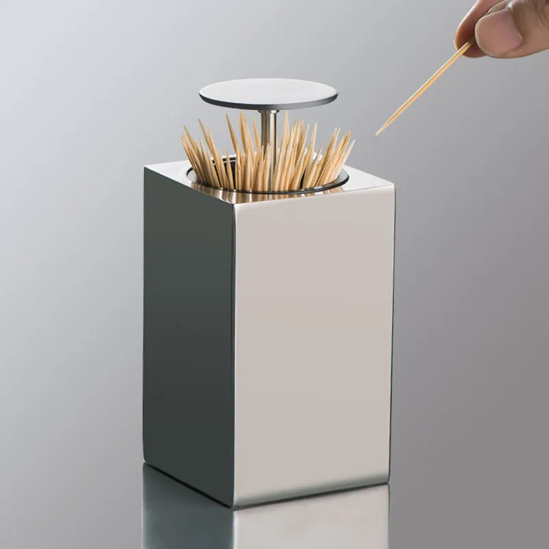 Press Type Toothpick Box 304 Stainless Steel Portable European Style Toothpick Jar Automatic Pop-up Toothpick Storage Box