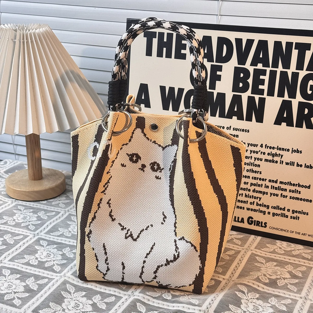 Cute Kitten Knitted Handbag, High-Quality, Eco-Friendly, with Chinese Blessing Messages, Gift Bag, Multifunctional, Large Capacity Tote Bag, Suitable for Gifting to Family, Friends, Classmates, Holiday Shopping, Fashionable Handbag, Daily Casual Outing, Carrying Essentials, Women's Bag