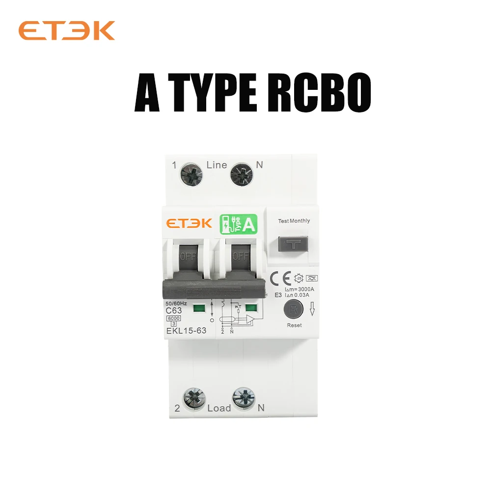 ETEK Atype  RCBO  40A 63A  Over Current And Leakage Protection RCBO 6kA 2p4p Residual Current Circuit Breaker EKL15