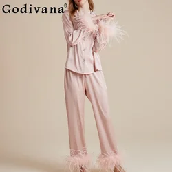 2024 Spring Autumn French Sleepwear Long Sleeve Removable Feather Pajamas Women's Luxury Homewear Set Nightgowns