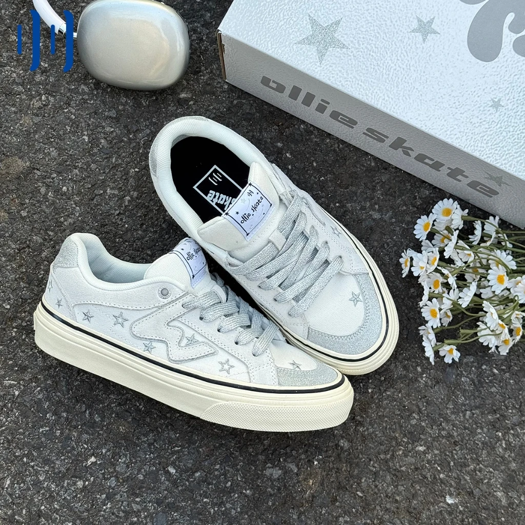 Ollieskate New Silver White Color Block Low Top Trendy Unisex Skateboard Sneakers