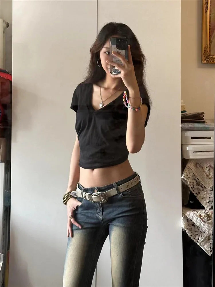 

American Retro Low Waist Flared Jeans Women's Spring Autumn Weathered Long Slimming Stretchy Floor-Length Pants