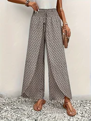 Spring Summer Women Elegant Wide Legs Pants Casual Vacation Beach Print Trousers Office Lady Loose High Waist Pants