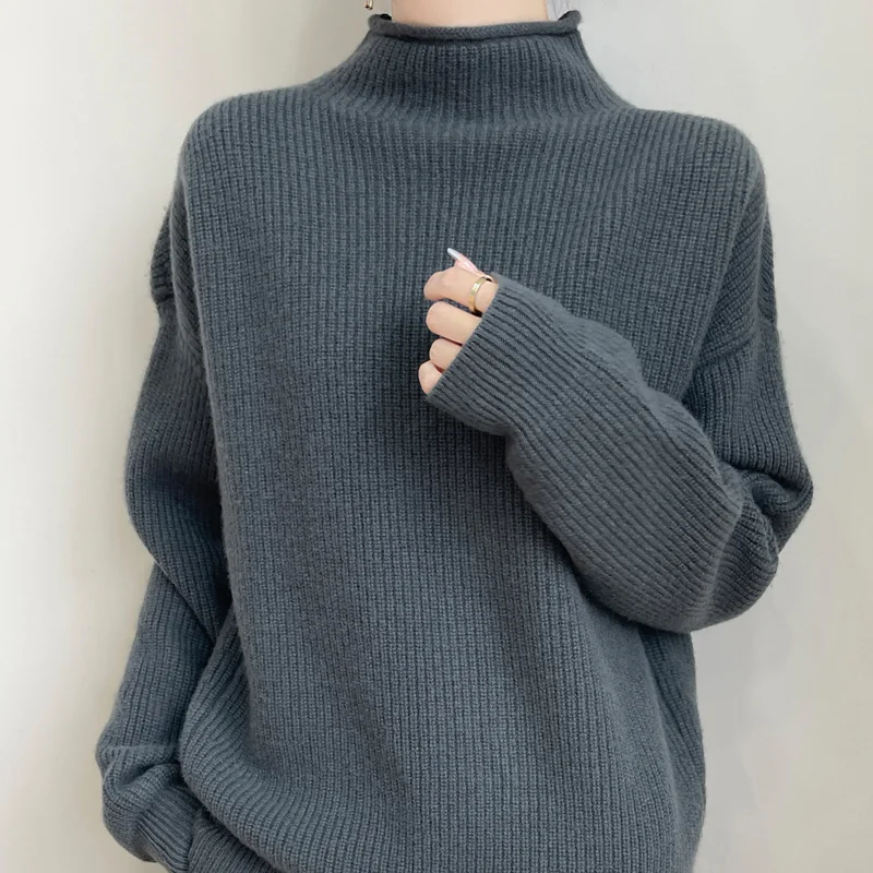 New Women's Classic 100% Pure Wool Pullover Long Sleeve Half High Collar Casual Fashion Basic Sweater High Quality Knitted Top