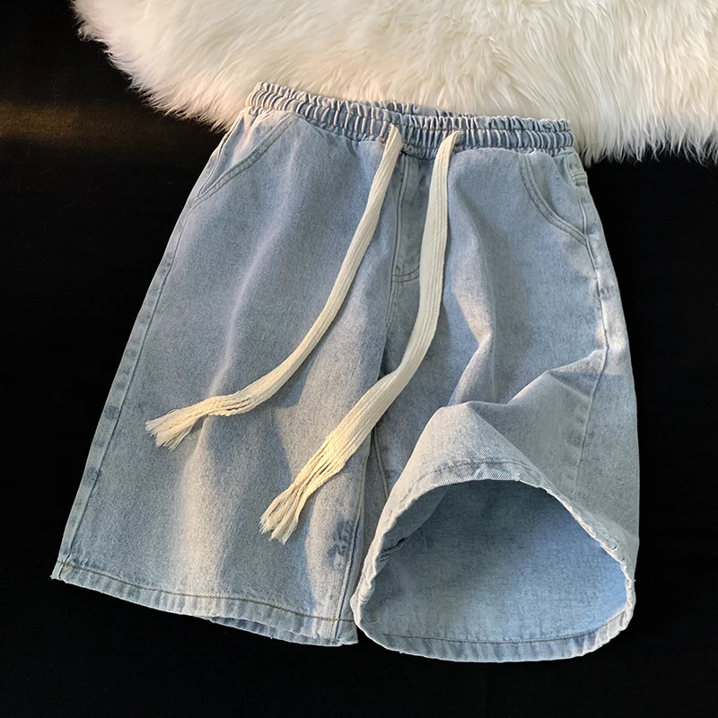 Celana Denim Tipis Musim Panas untuk Pria Jeans Kaki Lurus Pas Longgar Kasual Tali Pinggang Elastis Pakaian Kerja Trendi Panjang Or