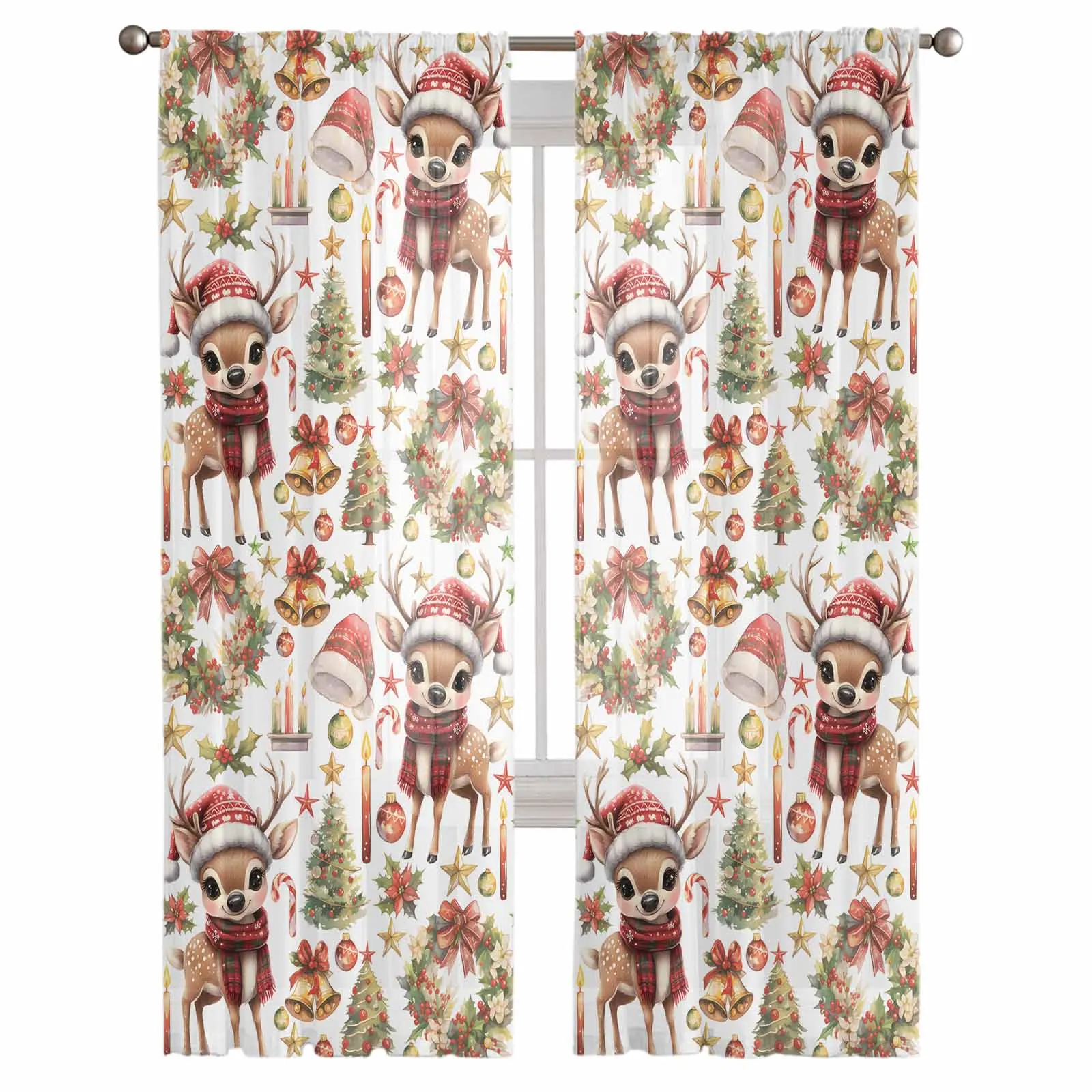 Christmas And Winter Deer Wreath Curtains Decorations For Home Window Tulle Curtains For Living Room Bedroom