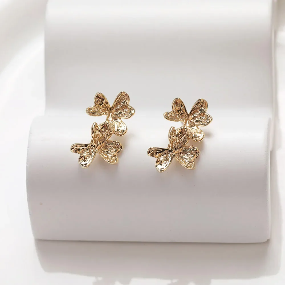 4PCS Double Flower Earrings Ear Studs for Jewelry Findings Components DIY Hand Made Brass Accessories 14k Gold Plated 13*24mm