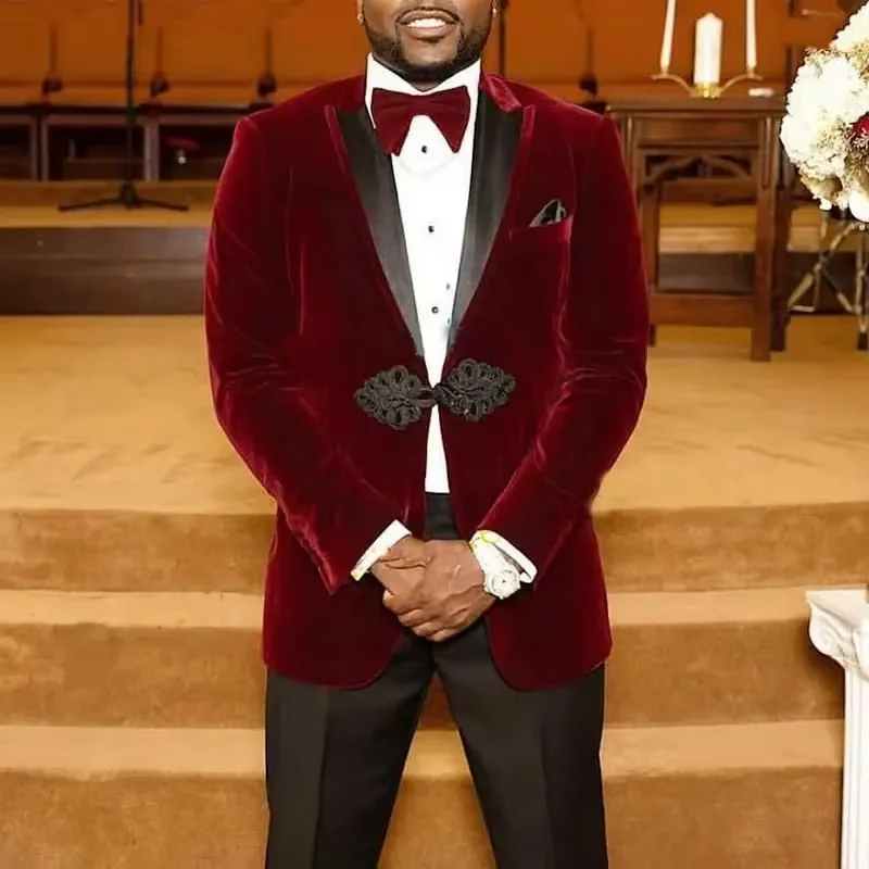 

Men's Suits 2 Pieces Peaked Lapel Double Breasted Blazer Prom Party Wedding Terno Groom Custom Velvet Jacket Black Solid Pants