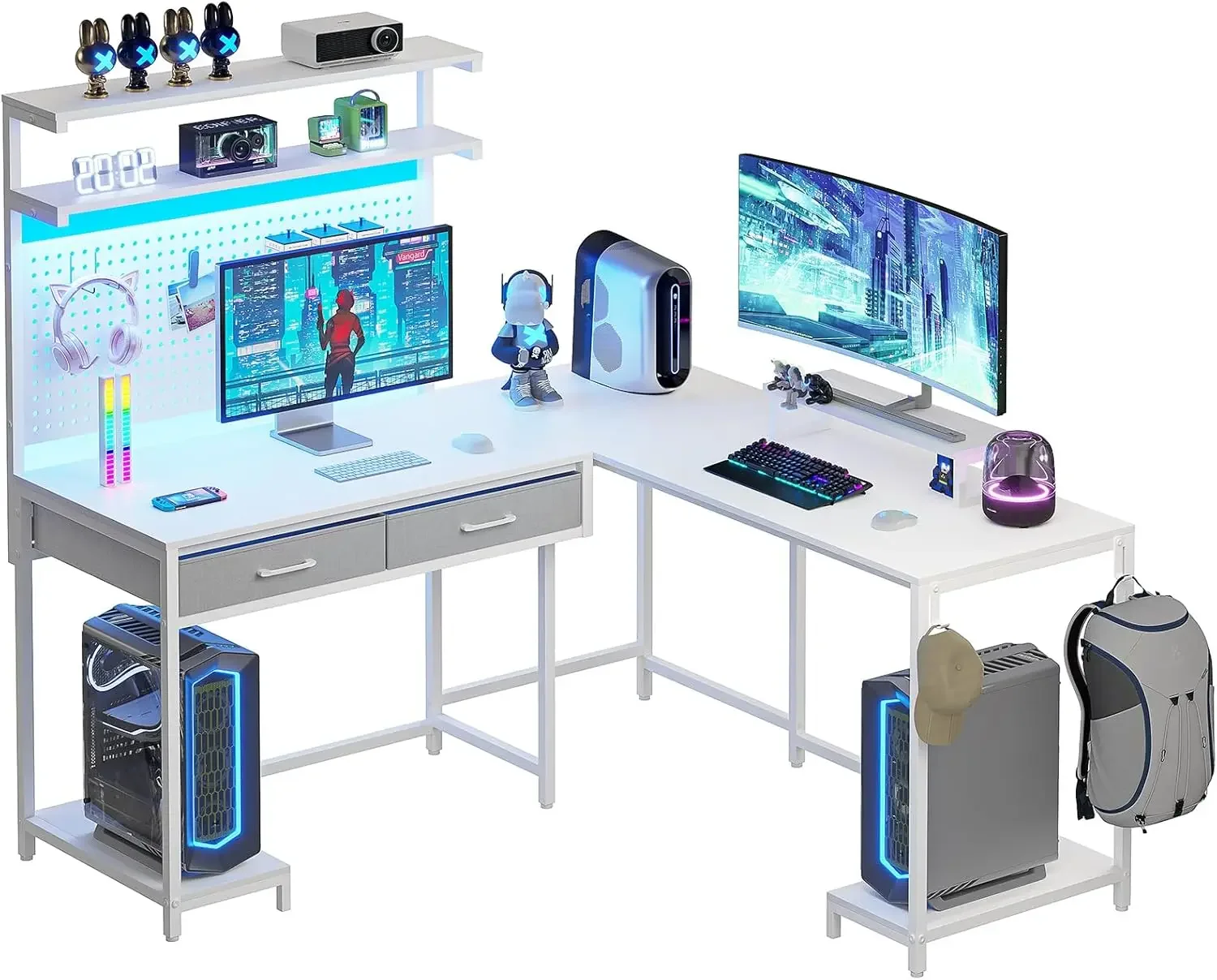 

Белый L-образный игровой стол со светодиодной подсветкой и ящиками, игровой стол с ящиком и перфорированной доской, компьютерный стол