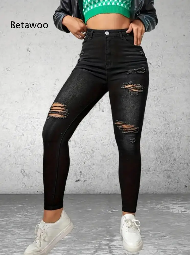 Solid Black Distressed Skinny Denim Pants Button Fly High Waist Multi Frayed Ripped Knee Slim Fit Daily Casual Jeans