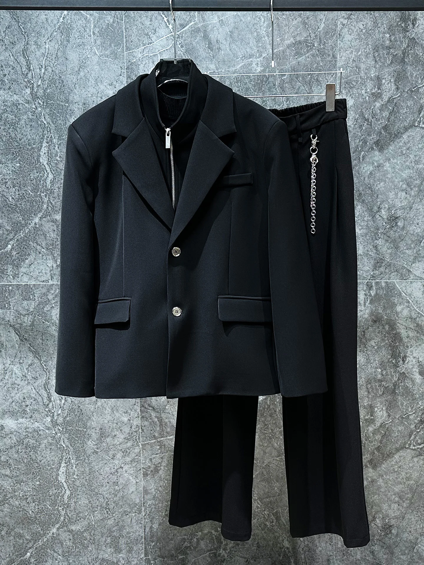 

Men's Casual Korean Sle Suit Jaet Loose Drapey Two-Piece Look Sli Polyester Fiber Long Sve Spring Autumn Wear