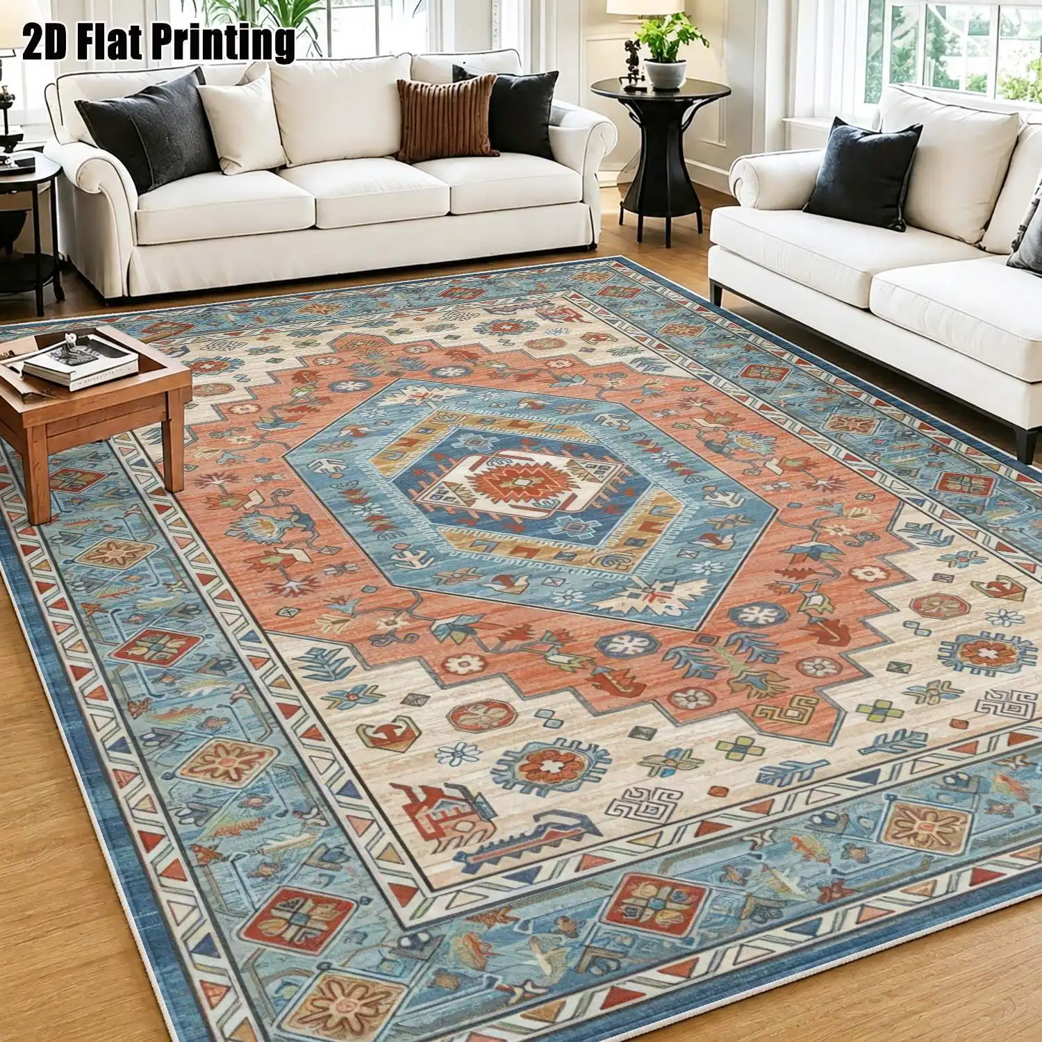 1Pc 2D Printed Velvet Carpet, Blue-Orange Geometric Patterns: European Vintage Boho Style, Machine Washable, Multi-Size for Home Decor, Multi-Scene Use