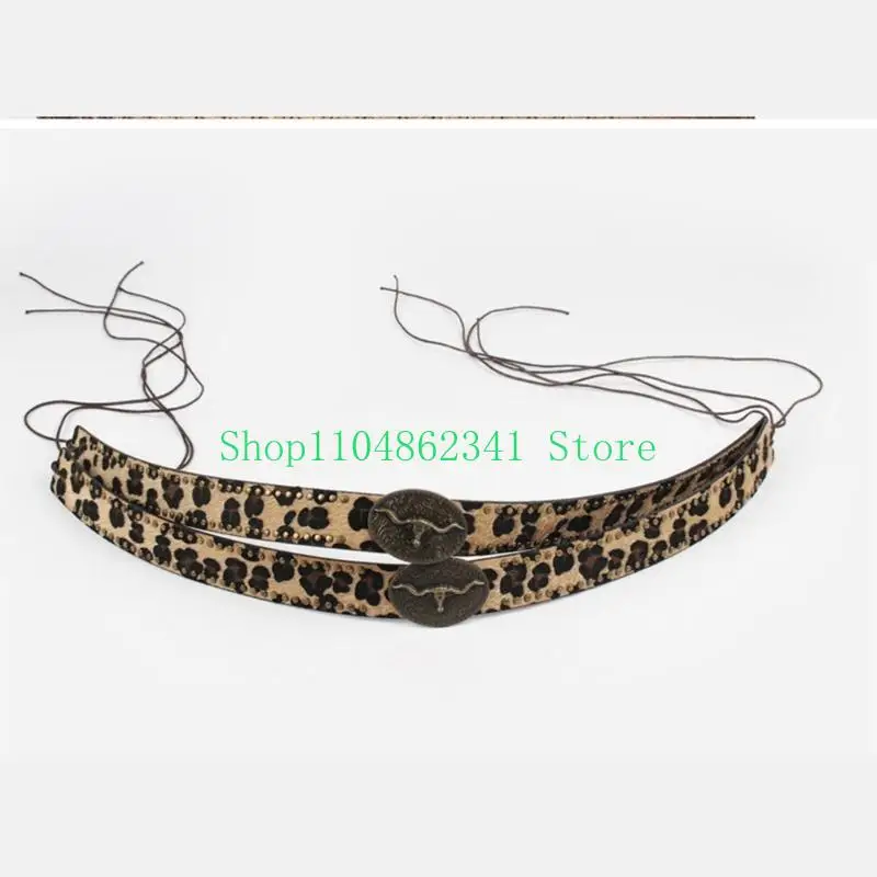 652F Removable Animal-Print Hatband with Metal Bull-Head Ornament, Riveted Edges, and Tie-On Closure for Decorative Styling on