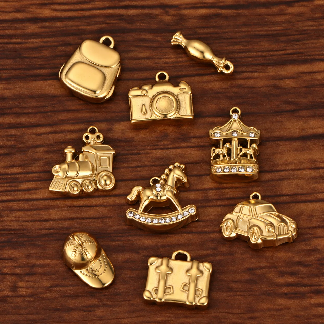 3Pcs Backpack/Suitcase/Cap Charms Stainless Steel Train/Car/Airplane Golden Travel Pendants DIY Necklace Earrings Jewelry Making