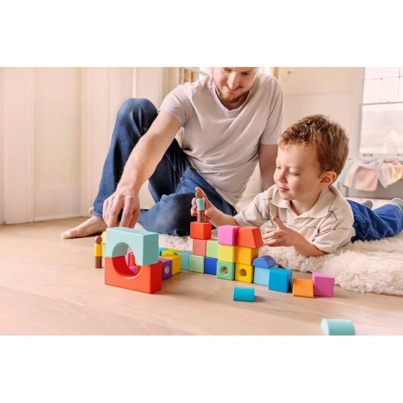 Block Set | Solid Wood Building Blocks and Shapes   Wooden Storage Box, 70 Pieces, 18 Colors, 20  Activities, Toddler Block