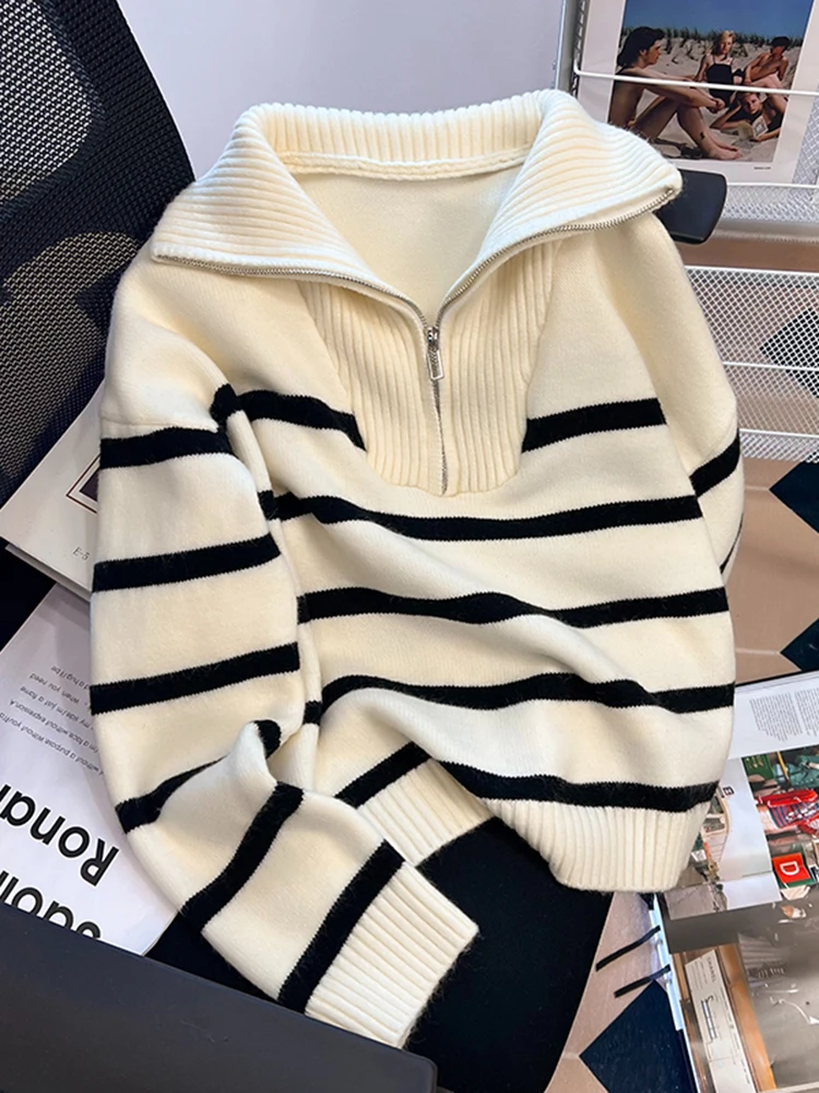 Women Striped Turtleneck Zipper Sweater Mujer Long Sleeve Tops Knitwear Korean Fashion Pullovers Loose Female Sweaters