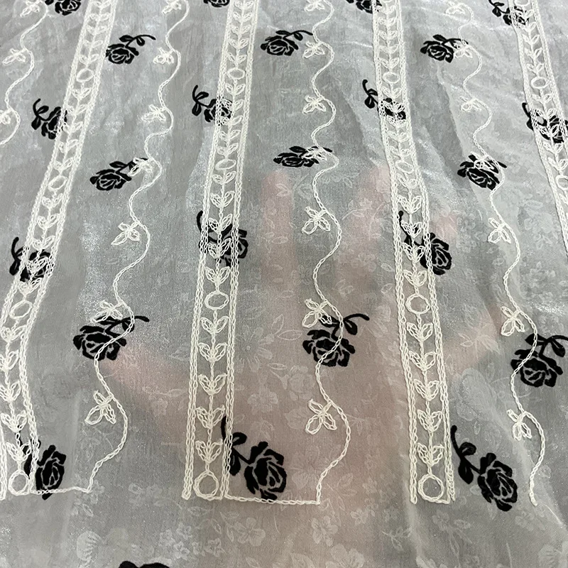 

Elegant shiny sheer floral printed lace embroidered rose velveteen jacquard fabric for women's fashion home decor fabric
