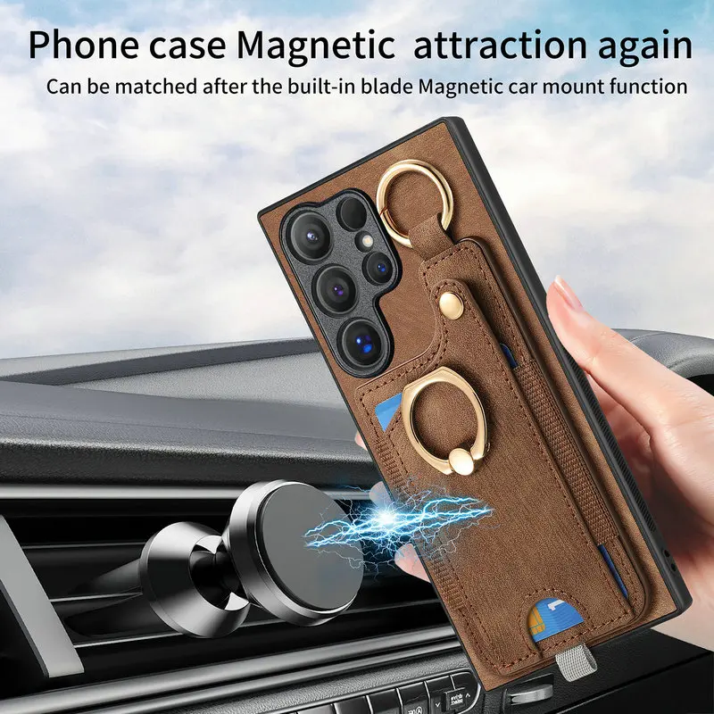 Magnetic Card Case for Samsung Galaxy S26 Ultra 5G Luxury Cover Leather Metal Ring Back Coque Samsung S24 Plus S25 S 24 FE Funda