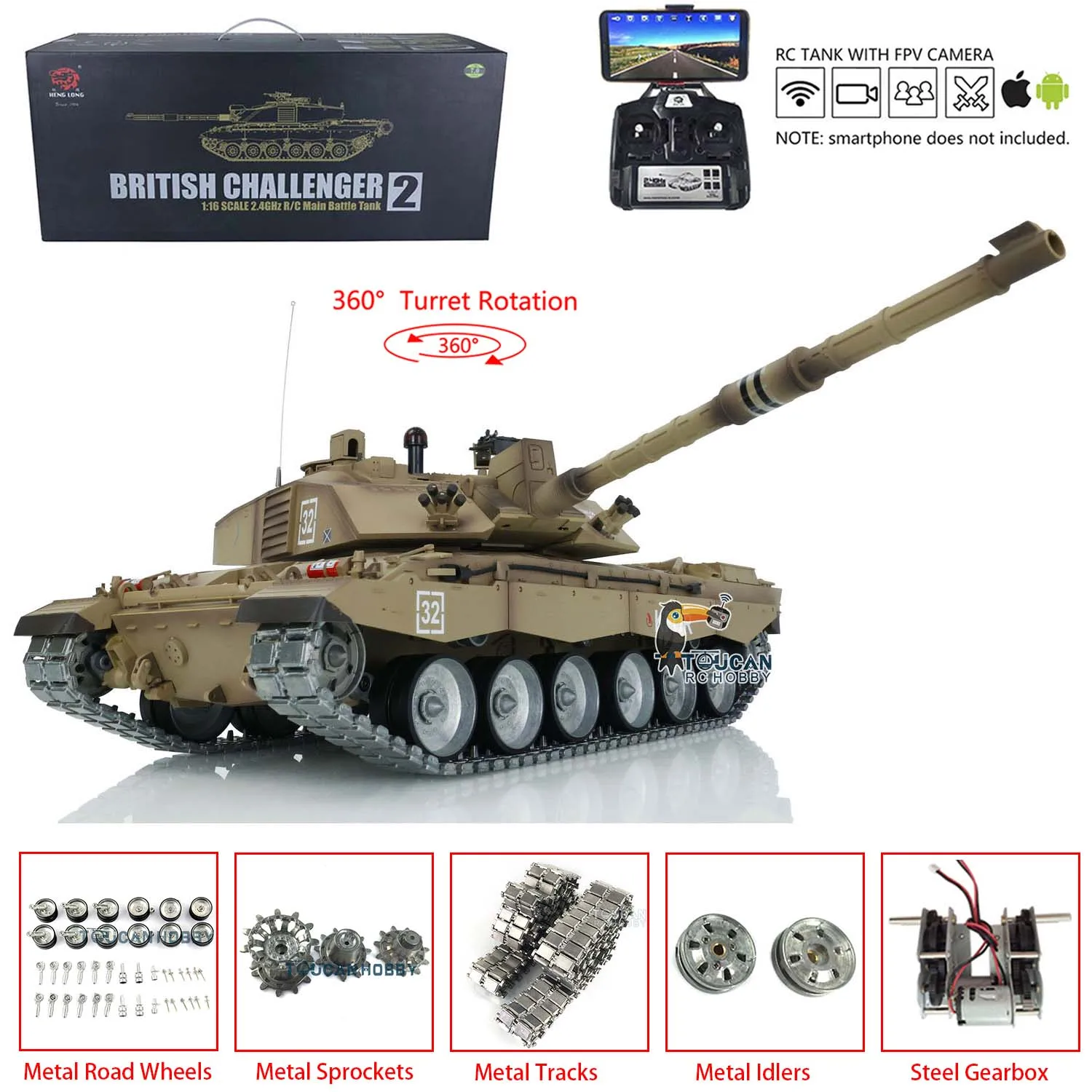 

В наличии Henglong 1/16 7,0 Настроить RC Tank Challenger II 3908 360 ° Револьвер FPV Tracks RC Panzer TH17743-SMT4