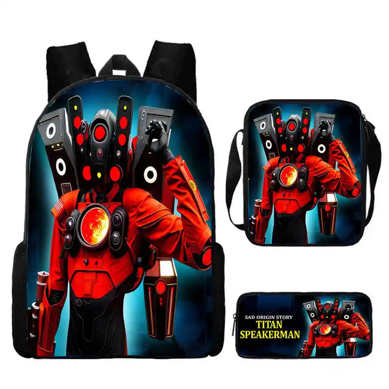 Skibidi-Mochila com Bolsas de Ombro, Lápis, Sacos escolares dos desenhos animados para meninos e meninas, Sacos de livros Camera Man, Conjunto 3 pcs