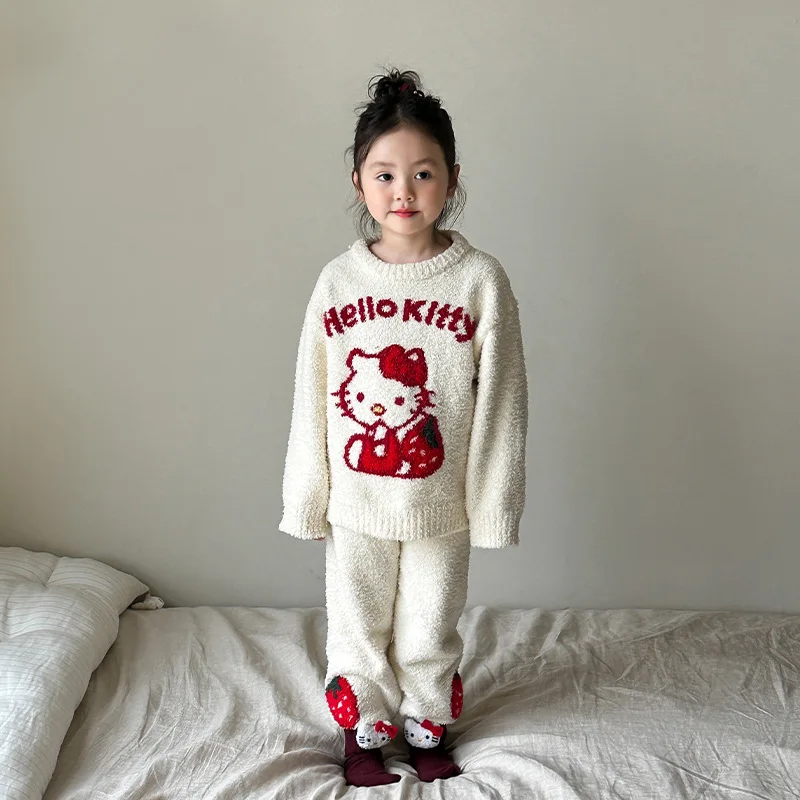 Anime Figure Child Suit Sanrios Hello Kittys Girl Velvet Lounge Clothes Winter Kawaii Cartoon Thicken Keep Warm Child Clothing