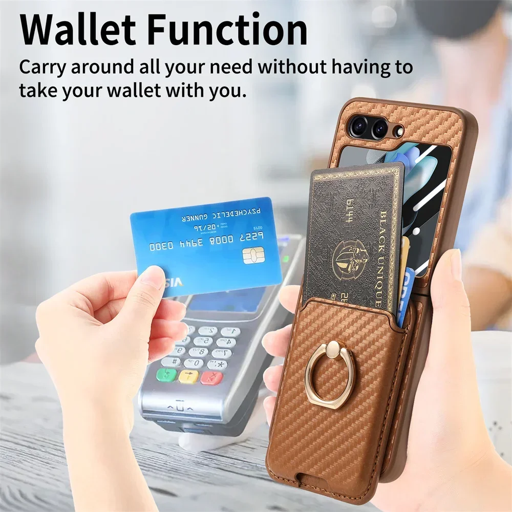 Magnetic Wallet Phone Case for Samsung Galaxy Z Flip 7 FE 6 5 4 PU Leather Cover Detachable Carbon Fiber Card Screen Protector