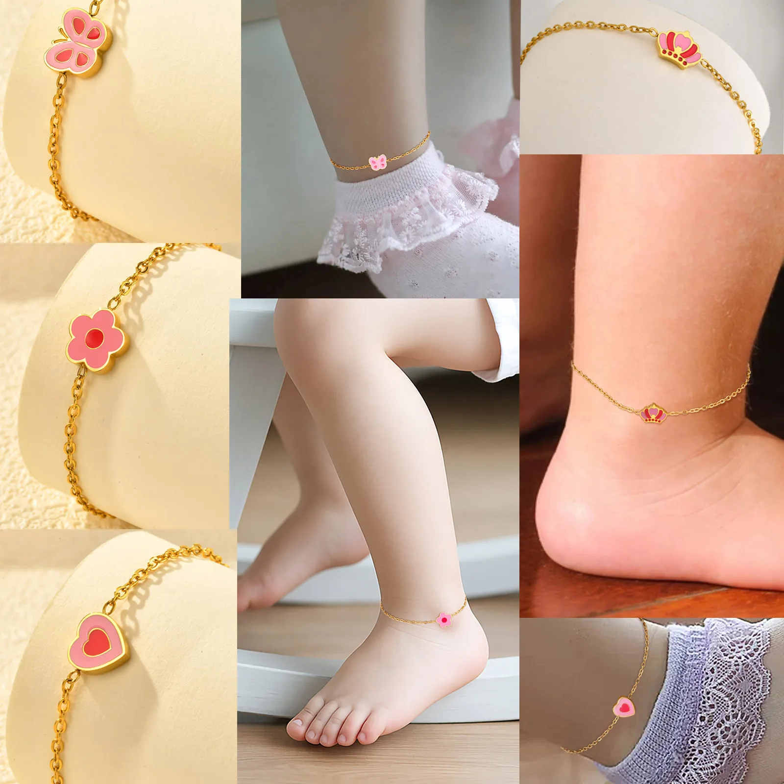 Cute Heart Flower Buttefly Charms Anklet Bracelet for Kids Baby Child, Adjustable Chain Stainless Steel, Newborn Birthday Gift