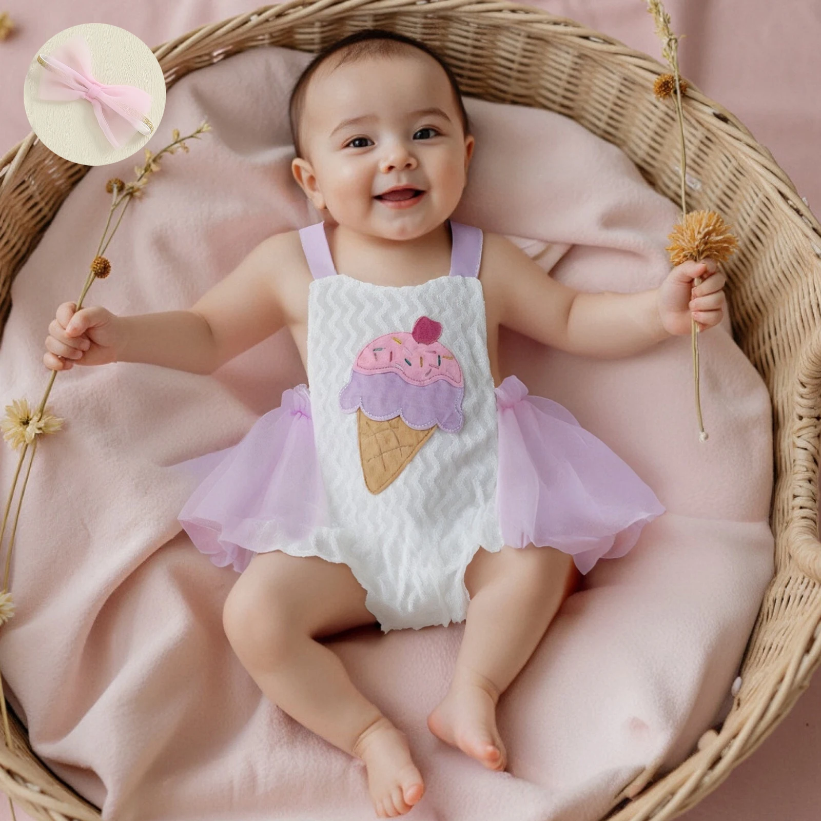 

Наряд для новорожденных девочек, тюлевой лоскутный комбинезон с вышивкой мороженого контрастного цвета, комбинезон с бантом, одежда для волос 4 июля