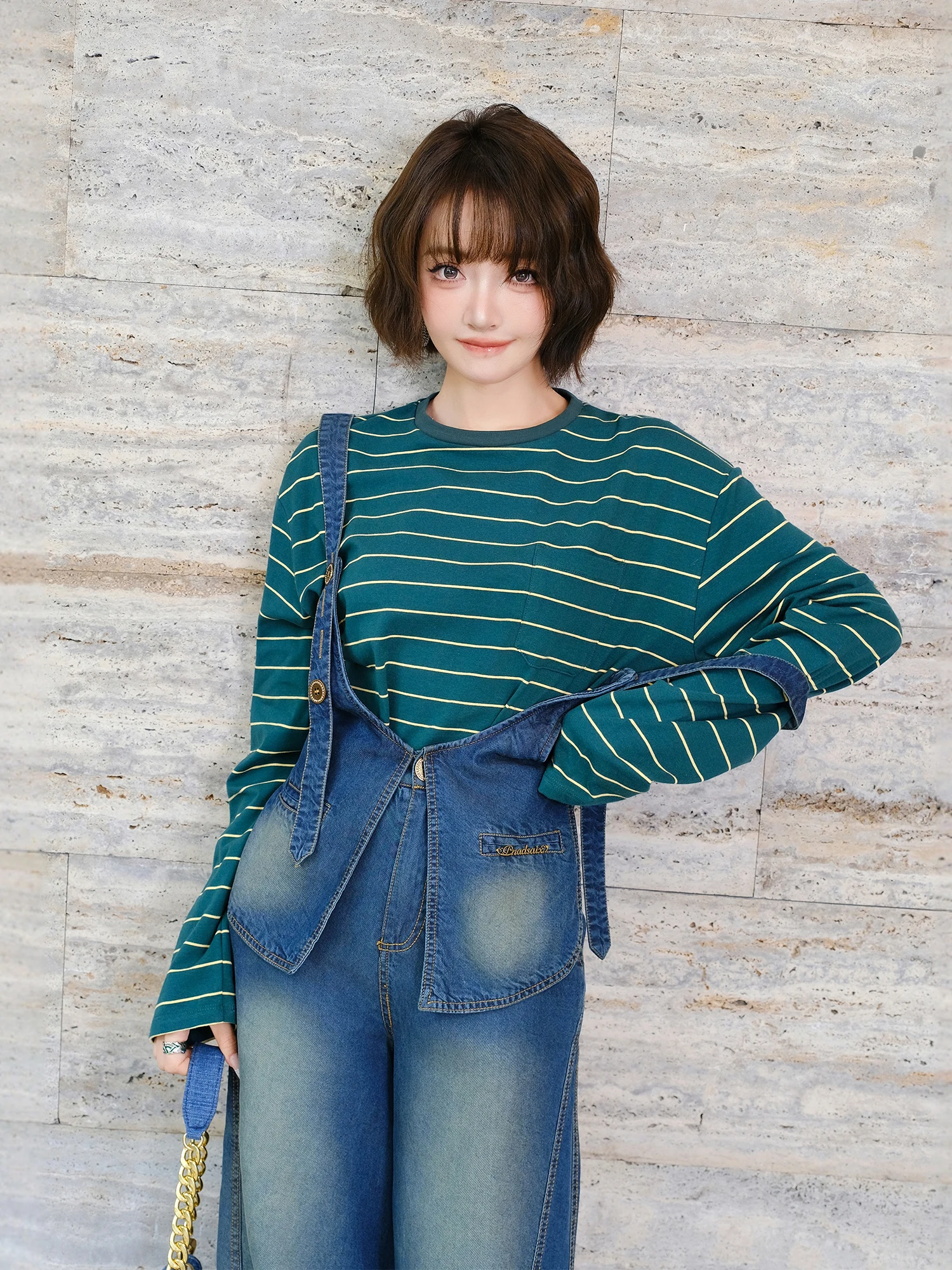 Miku vintage denim macacão solto idade-defng calças de perna larga feminino outono inverno cintura alta calças compridas on-line exclusivo