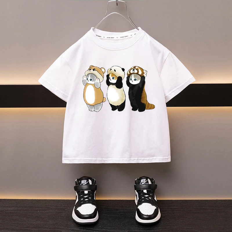 Summer Boys Girls Cotton T-shirt New Product Dress Up Cat White Tees Sweat-absorbing Breathable Cartoon Top Children\'s Clothes