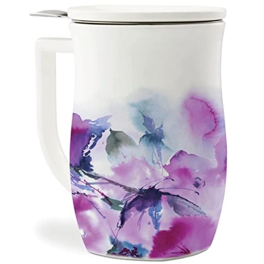 

Ceramic Fiore Cup with Handle Removeable Stainless Steel Infuser Basket and Lid Steeps 14 oz Loose Leaf Tea Dishwasher and Micr