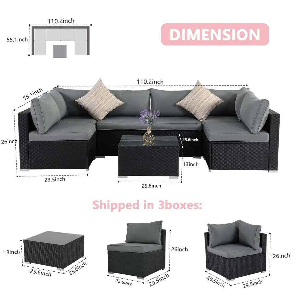 

7 Pieces Black Patio Furniture Set - All-Weather Outdoor Sectional Wicker Conversation Sofa, Rattan Patio Seating, Customized