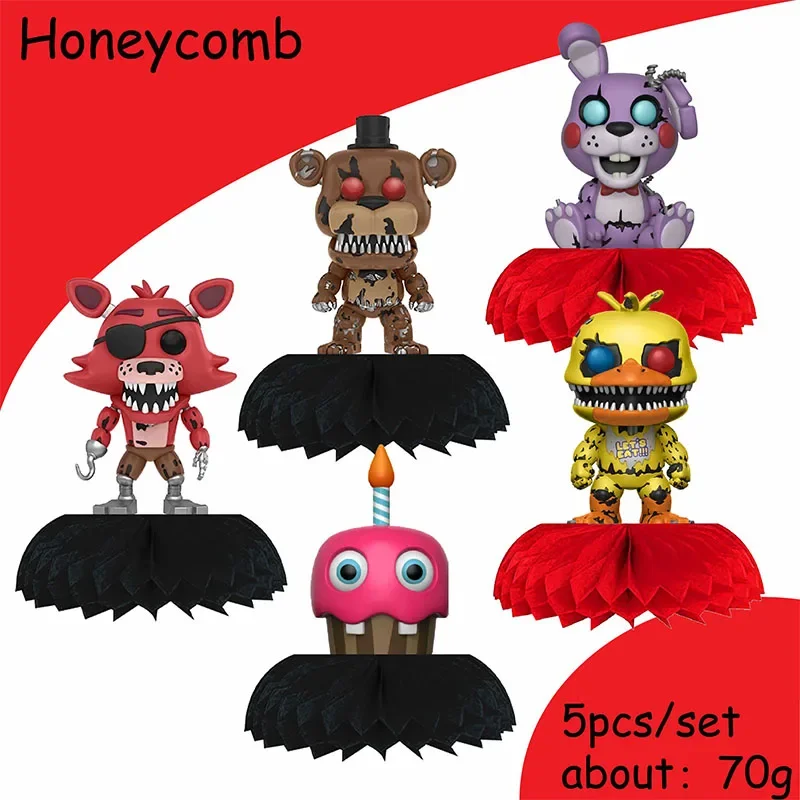 FNAF Horror Game Freddy Bonnie Chica Foxy Birthday Party Decorations 5pcs Honeycomb Table Centerpieces Theme Party Supplies